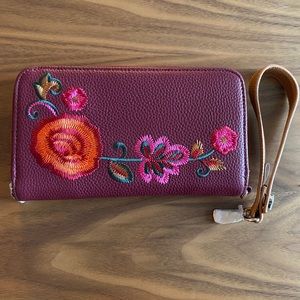 All About the Benjamins Thirty-One Wallet - Deep Merlot w/Floral Embroidery NWT
